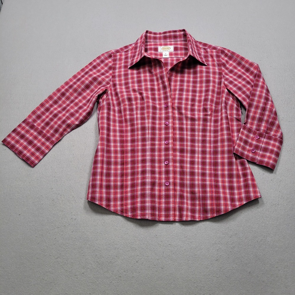 Talbots Petites Red Plaid Button Up Shirt Small 3/4 Sleeve Lurex